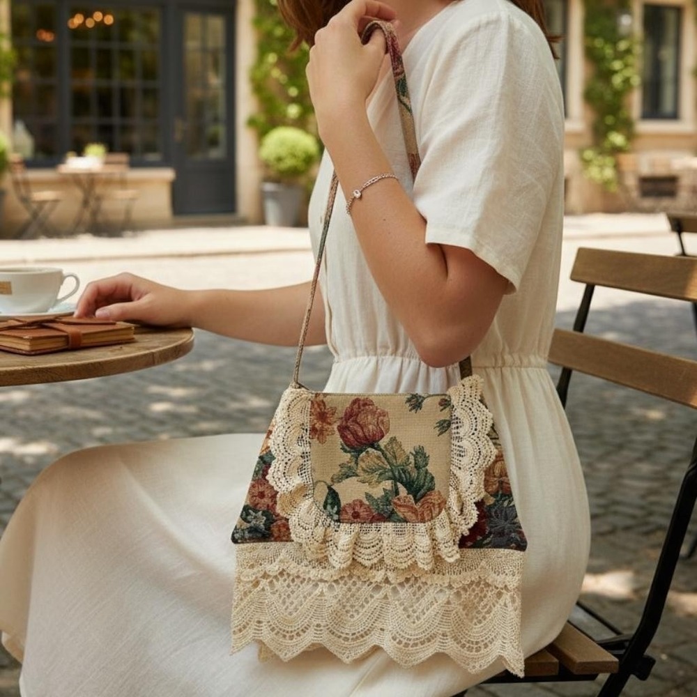 Deja LaMode Floral Tapestry Crossbody Bag Purse Lace Trim Boho Cottagecore‎
